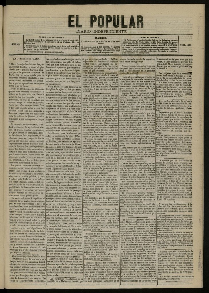 Miniatura de El Popular: diario independiente, político, literario y de noticias de interés general del 24 de noviembre de 1875, nº 1944 [sic]