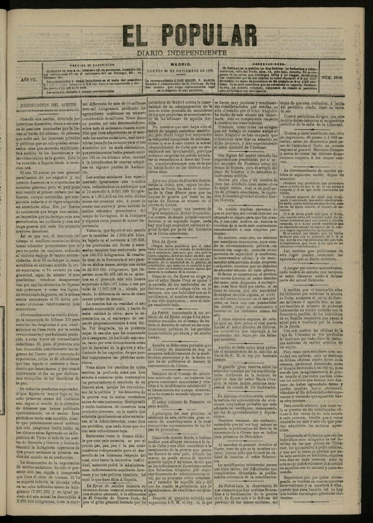 Miniatura de El Popular: diario independiente, político, literario y de noticias de interés general del 25 de noviembre de 1875, nº 1944