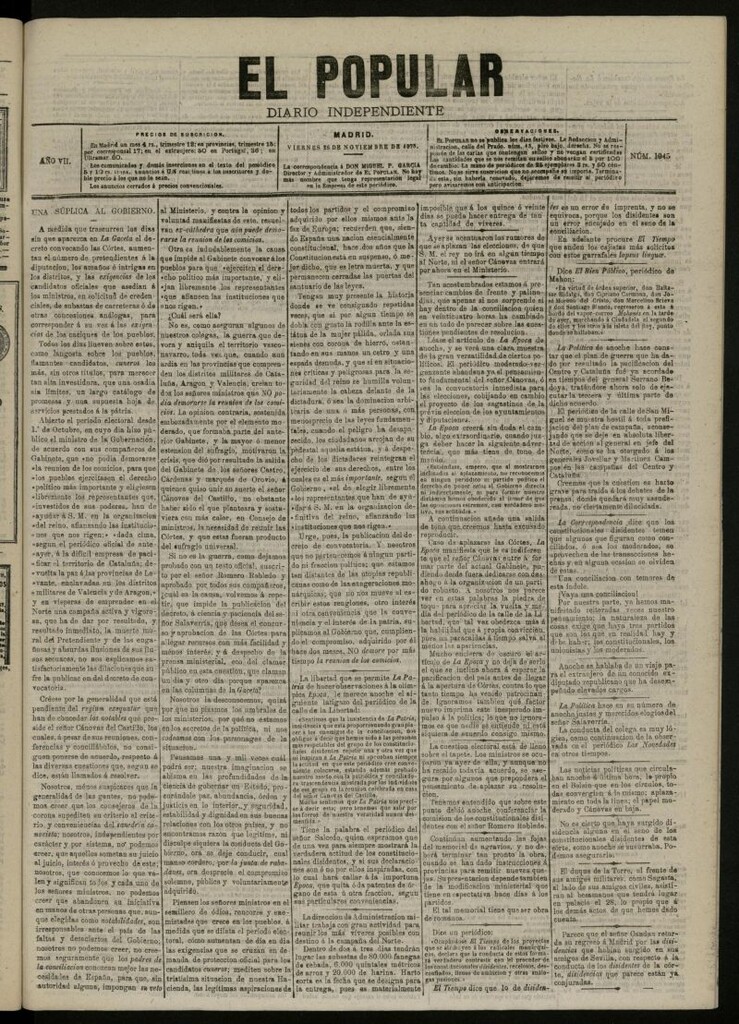 Miniatura de El Popular: diario independiente, político, literario y de noticias de interés general del 26 de noviembre de 1875, nº 1945