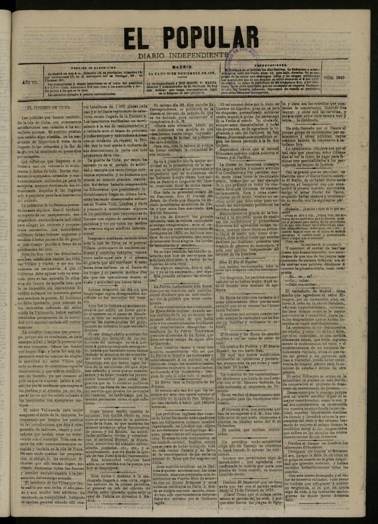 Miniatura de El Popular: diario independiente, político, literario y de noticias de interés general del 27 de noviembre de 1875, nº 1946