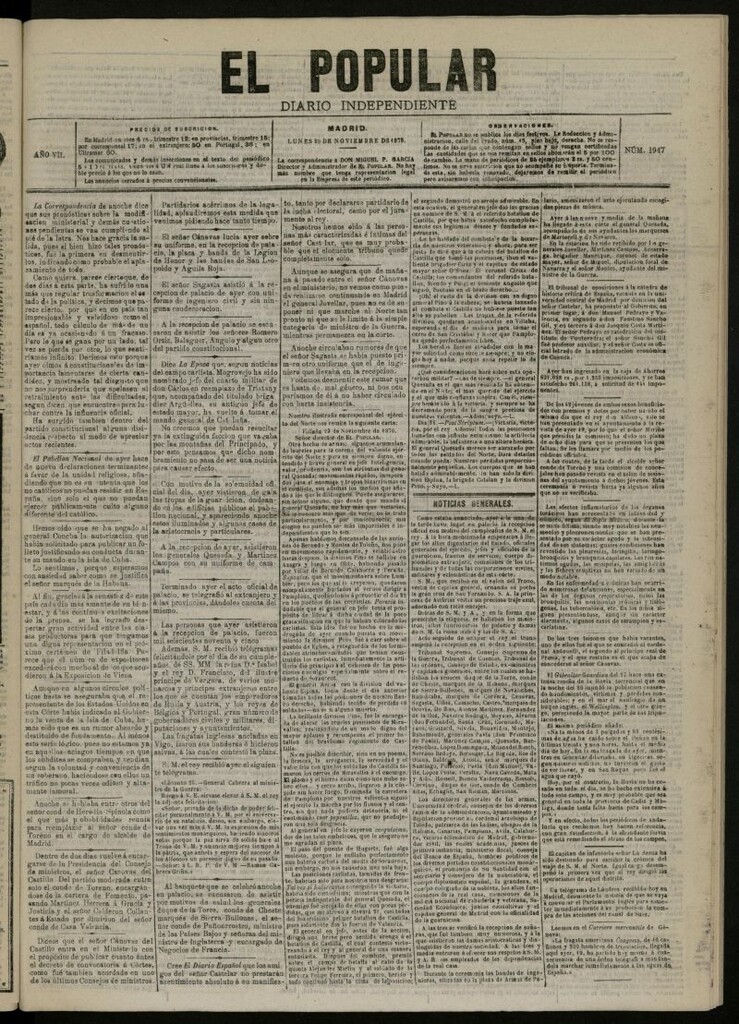 Miniatura de El Popular: diario independiente, político, literario y de noticias de interés general del 29 de noviembre de 1875, nº 1947