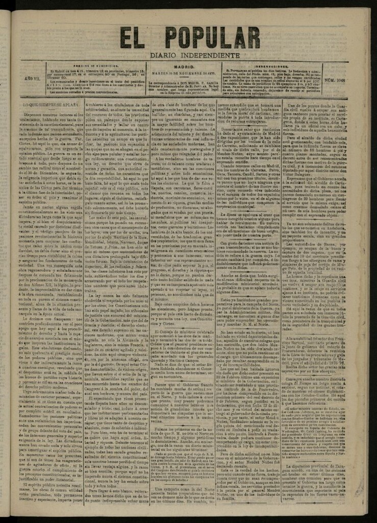 Miniatura de El Popular: diario independiente, político, literario y de noticias de interés general del 30 de noviembre de 1875, nº 1948