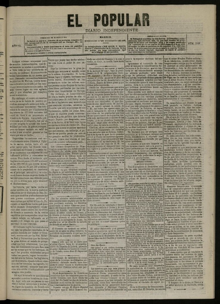 Miniatura de El Popular: diario independiente, político, literario y de noticias de interés general del 1 de diciembre de 1875, nº 1949