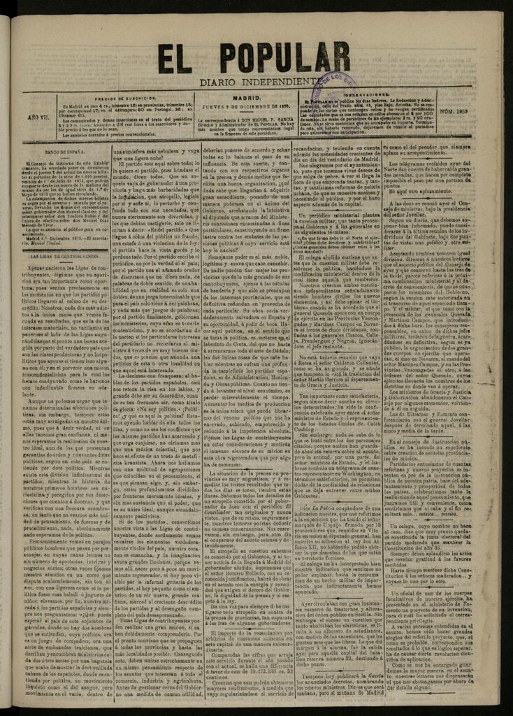 Miniatura de El Popular: diario independiente, político, literario y de noticias de interés general del 2 de diciembre de 1875, nº 1950