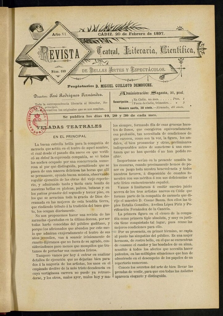 Miniatura de Revista Teatral, Literaria, Científica, de Bellas Artes y Espectáculos. Nº 189