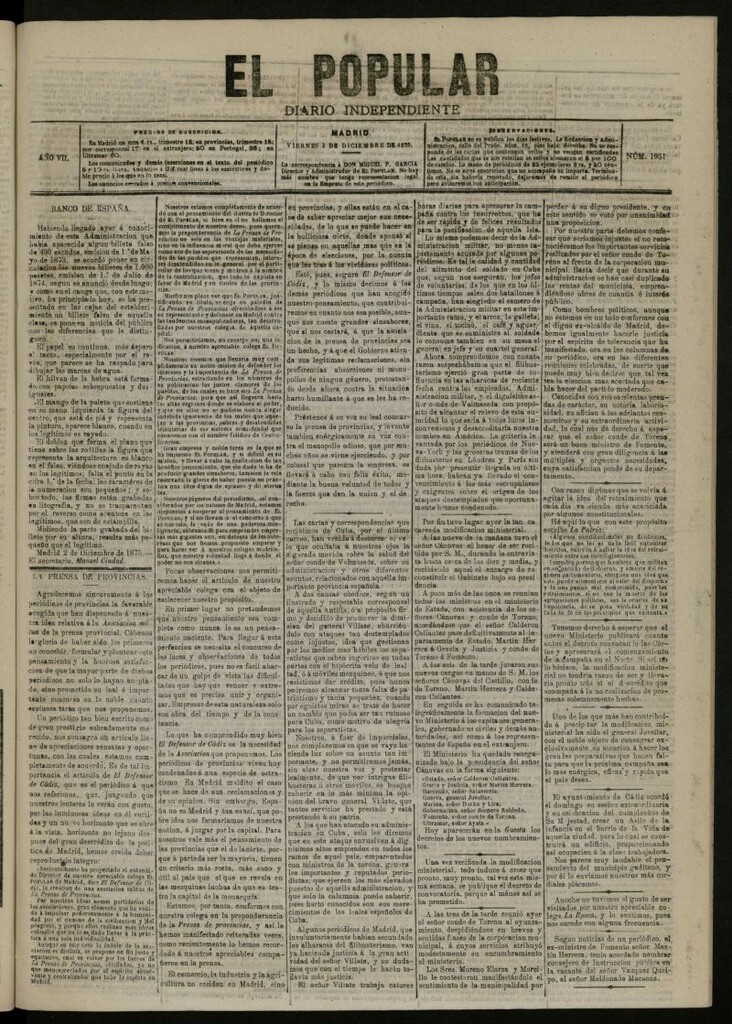 Miniatura de El Popular: diario independiente, político, literario y de noticias de interés general del 3 de diciembre de 1875, nº 1951