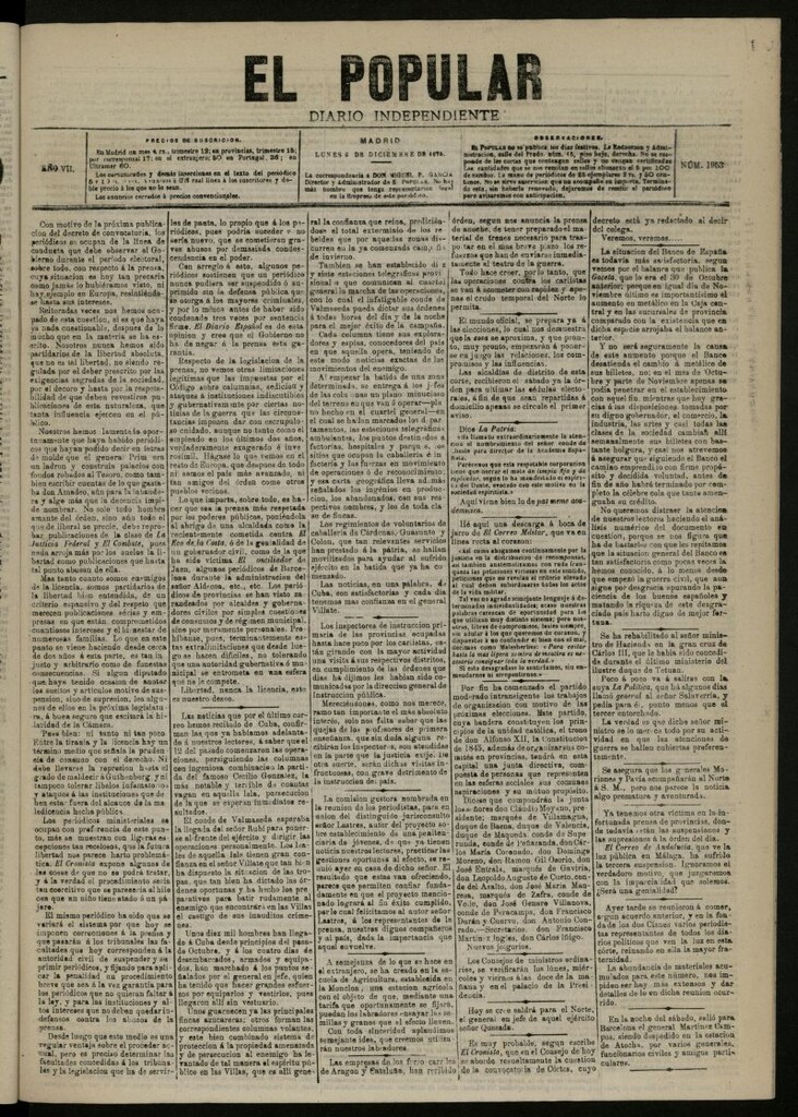 Miniatura de El Popular: diario independiente, político, literario y de noticias de interés general del 6 de diciembre de 1875, nº 1953