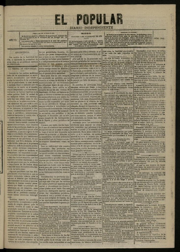 Miniatura de El Popular: diario independiente, político, literario y de noticias de interés general del 7 de diciembre de 1875, nº 1954