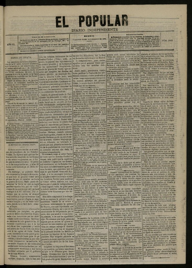 Miniatura de El Popular: diario independiente, político, literario y de noticias de interés general del 10 de diciembre de 1875, nº 1956