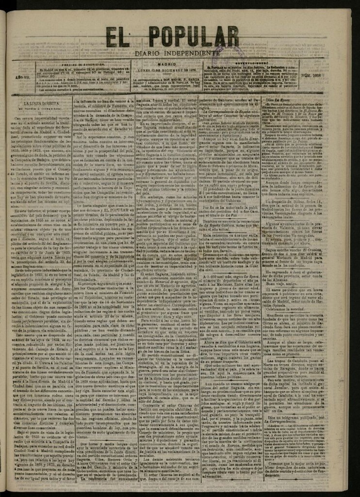 Miniatura de El Popular: diario independiente, político, literario y de noticias de interés general del 13 de diciembre de 1875, nº 1958