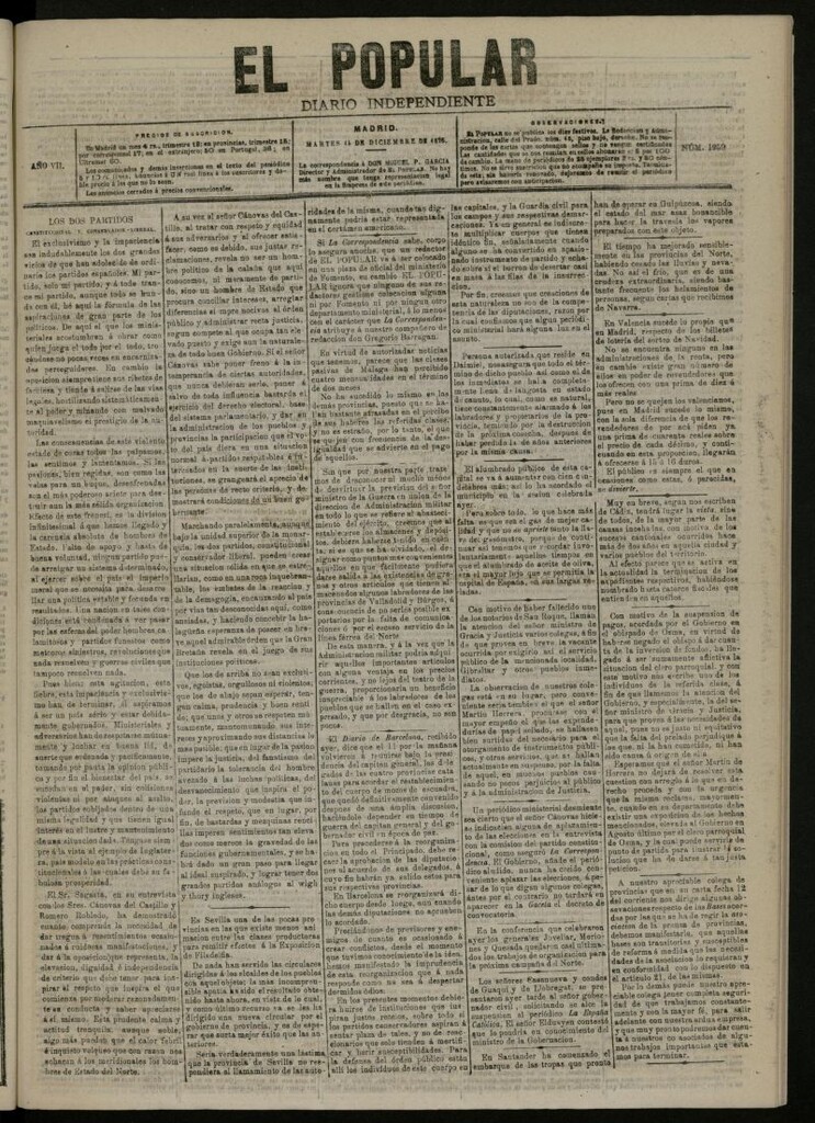 Miniatura de El Popular: diario independiente, político, literario y de noticias de interés general del 14 de diciembre de 1875, nº 1959