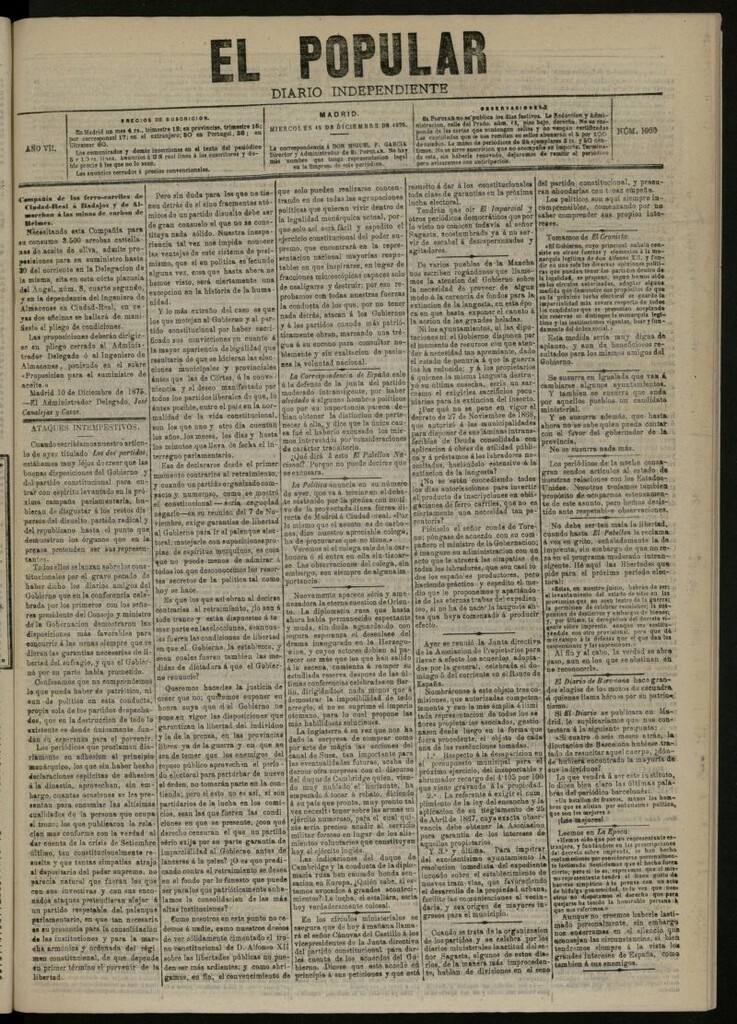 Miniatura de El Popular: diario independiente, político, literario y de noticias de interés general del 15 de diciembre de 1875, nº 1960