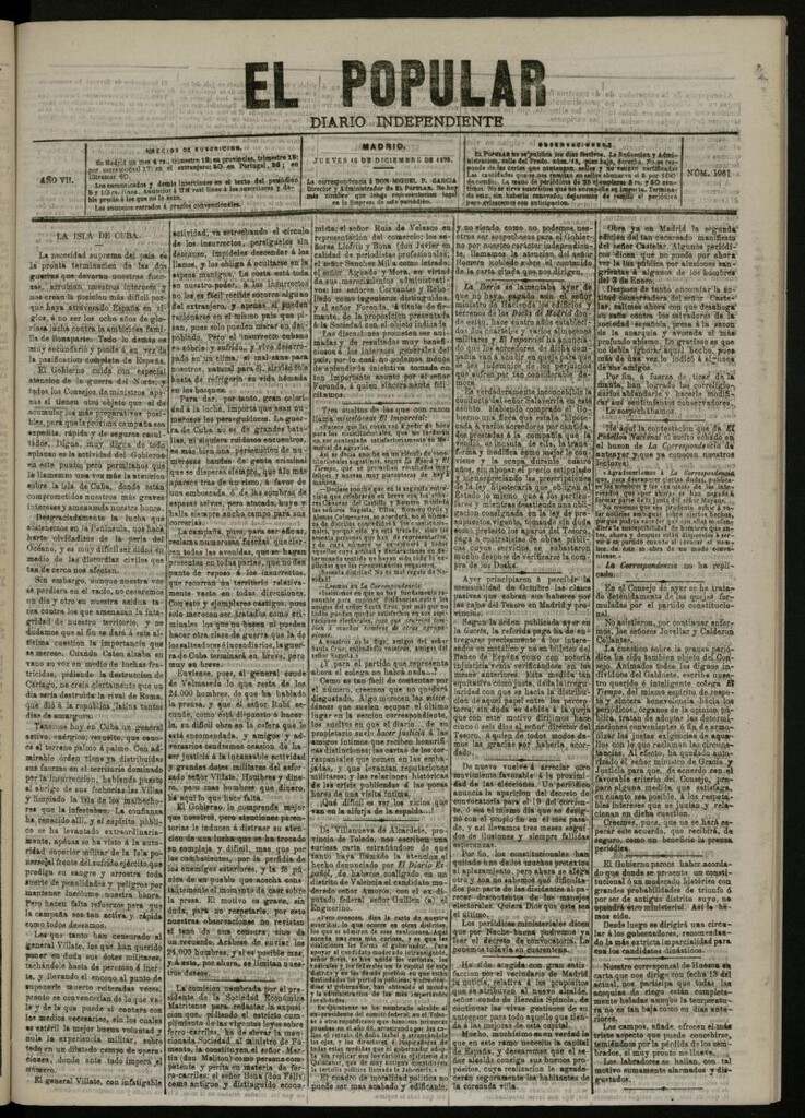 Miniatura de El Popular: diario independiente, político, literario y de noticias de interés general del 16 de diciembre de 1875, nº 1961