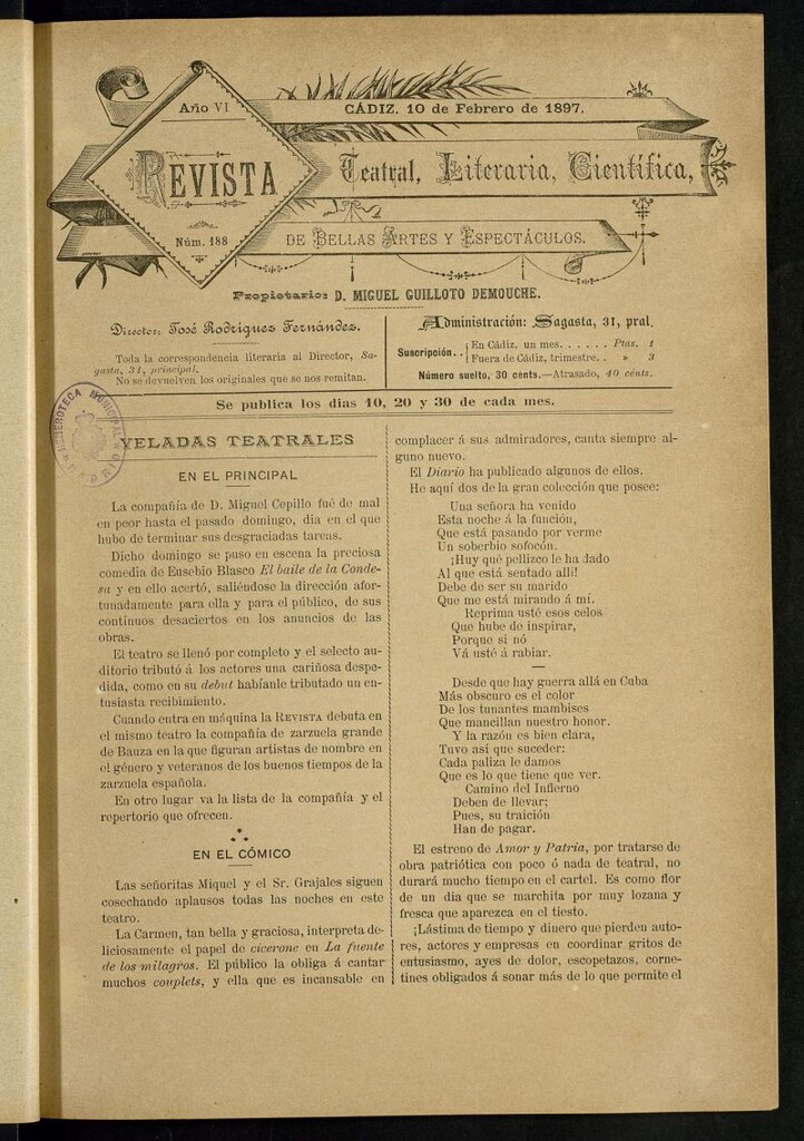 Miniatura de Revista Teatral, Literaria, Científica, de Bellas Artes y Espectáculos. Nº 188