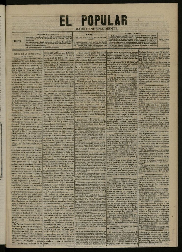 Miniatura de El Popular: diario independiente, político, literario y de noticias de interés general del 18 de diciembre de 1875, nº 1963
