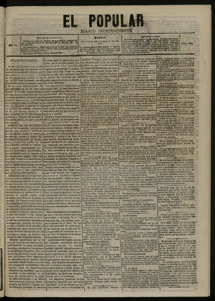 Miniatura de El Popular: diario independiente, político, literario y de noticias de interés general del 21 de diciembre de 1875, nº 1965