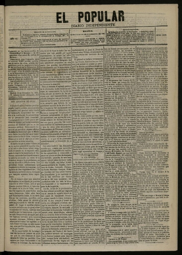 Miniatura de El Popular: diario independiente, político, literario y de noticias de interés general del 22 de diciembre de 1875, nº 1966