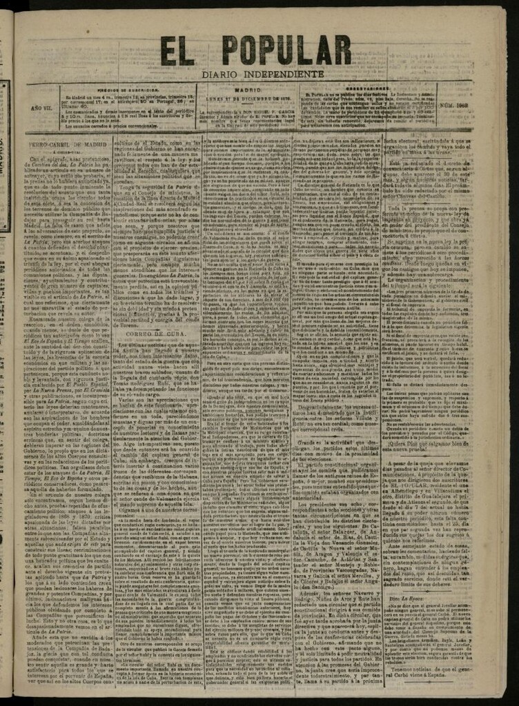 Miniatura de El Popular: diario independiente, político, literario y de noticias de interés general del 27 de diciembre de 1875, nº 1969