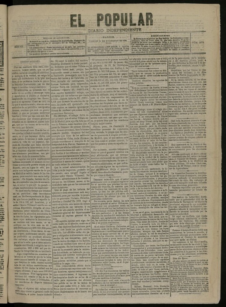 Miniatura de El Popular: diario independiente, político, literario y de noticias de interés general del 31 de diciembre de 1875, nº 1973