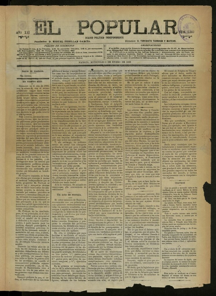 Miniatura de El Popular: diario independiente, político, literario y de noticias de interés general del 2 de enero de 1889, nº 9360