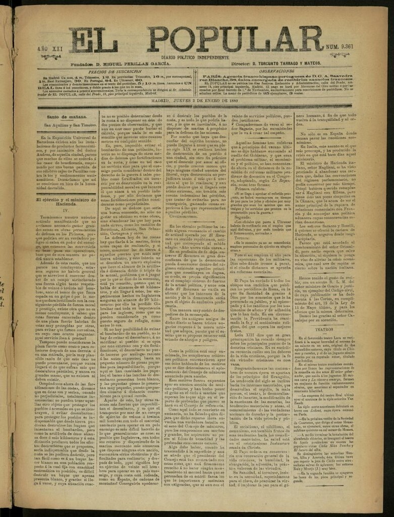 Miniatura de El Popular: diario independiente, político, literario y de noticias de interés general del 3 de enero de 1889, nº 9361