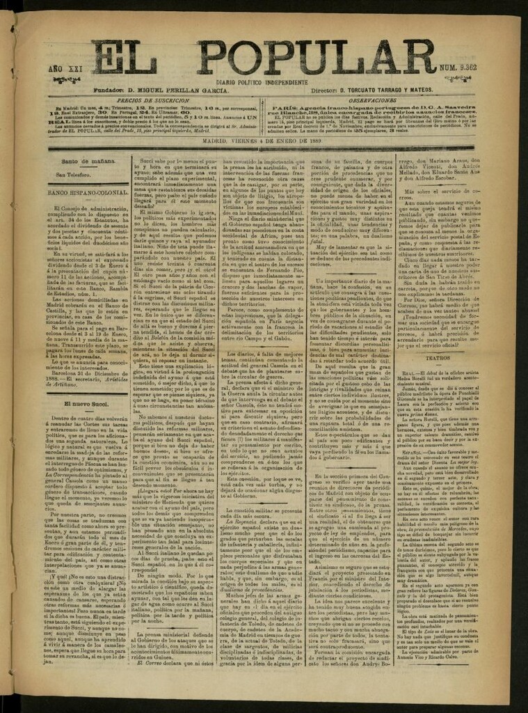 Miniatura de El Popular: diario independiente, político, literario y de noticias de interés general del 4 de enero de 1889, nº 9362