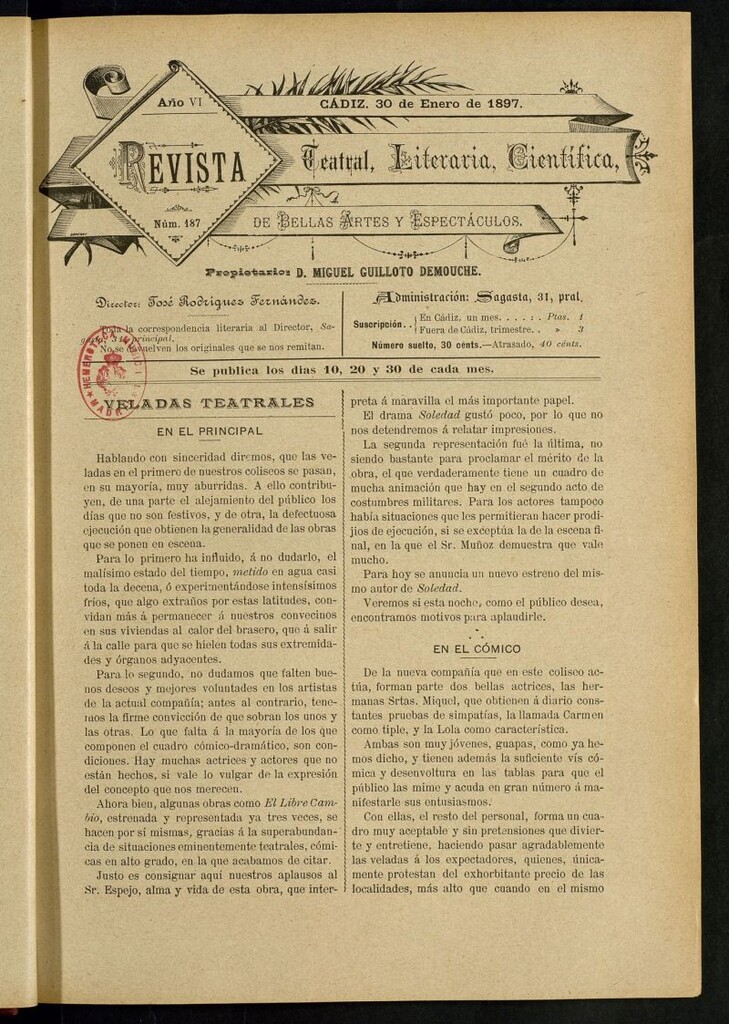 Miniatura de Revista Teatral, Literaria, Científica, de Bellas Artes y Espectáculos. Nº 187