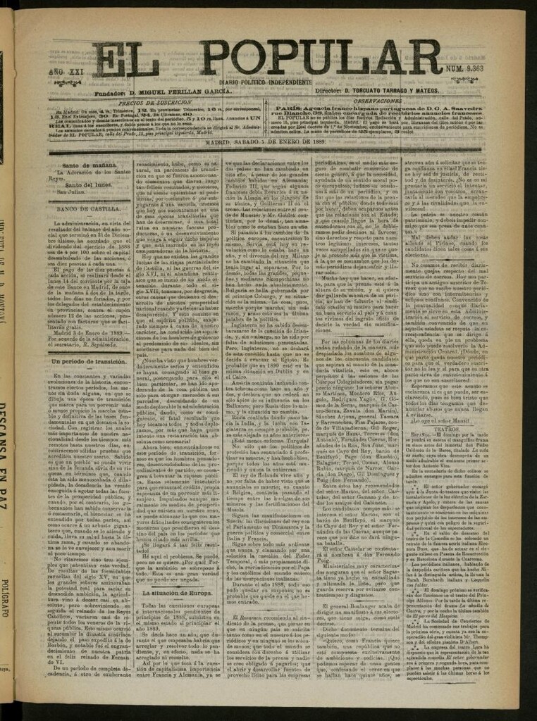 Miniatura de El Popular: diario independiente, político, literario y de noticias de interés general del 5 de enero de 1889, nº 9363