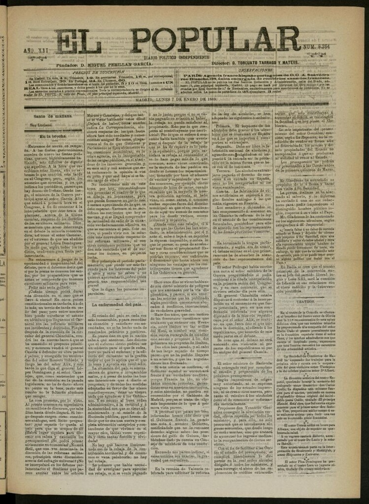 Miniatura de El Popular: diario independiente, político, literario y de noticias de interés general del 7 de enero de 1889, nº 9364