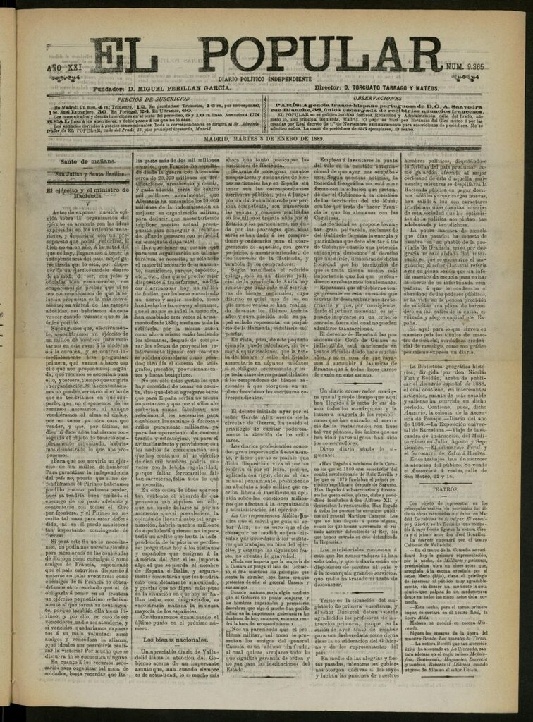 Miniatura de El Popular: diario independiente, político, literario y de noticias de interés general del 8 de enero de 1889, nº 9365