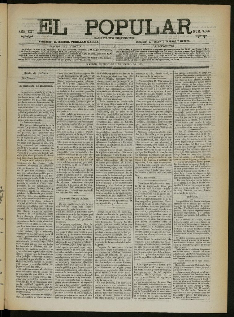 Miniatura de El Popular: diario independiente, político, literario y de noticias de interés general del 9 de enero de 1889, nº 9366