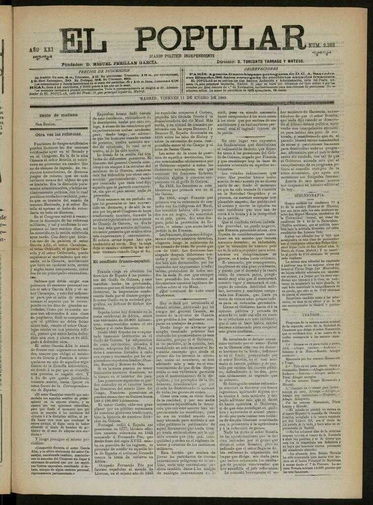 Miniatura de El Popular: diario independiente, político, literario y de noticias de interés general del 11 de enero de 1889, nº 9368