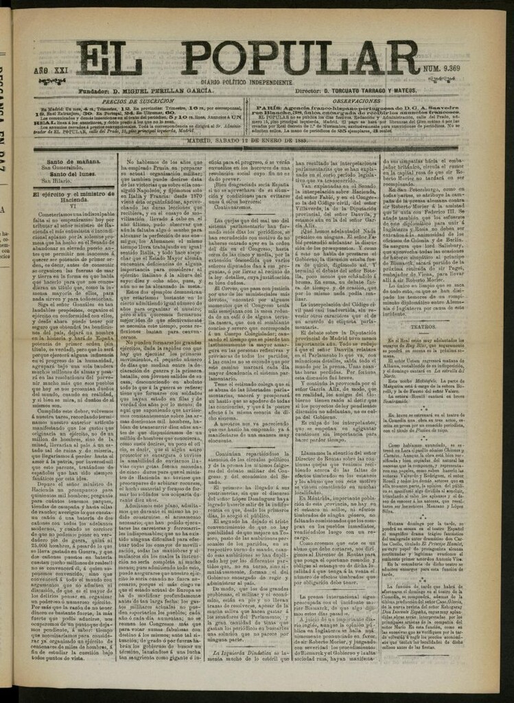 Miniatura de El Popular: diario independiente, político, literario y de noticias de interés general del 12 de enero de 1889, nº 9369