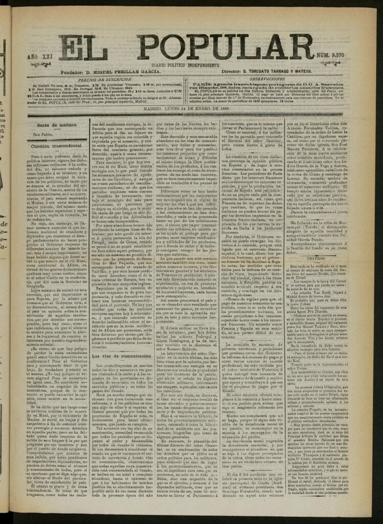 Miniatura de El Popular: diario independiente, político, literario y de noticias de interés general del 14 de enero de 1889, nº 9370
