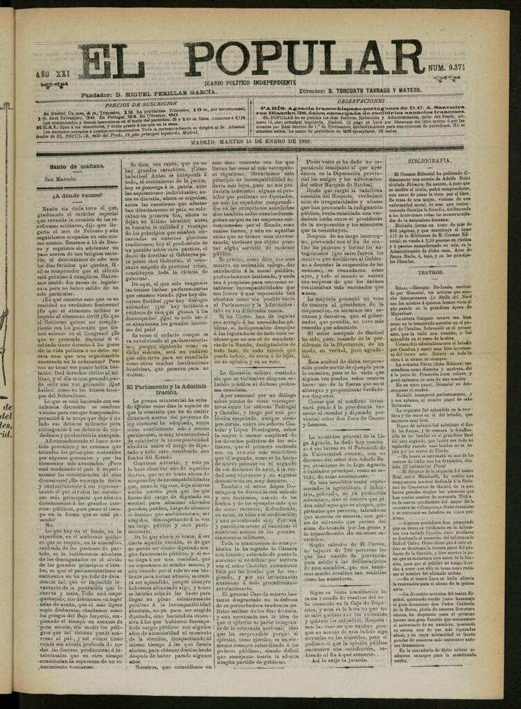 Miniatura de El Popular: diario independiente, político, literario y de noticias de interés general del 15 de enero de 1889, nº 9371