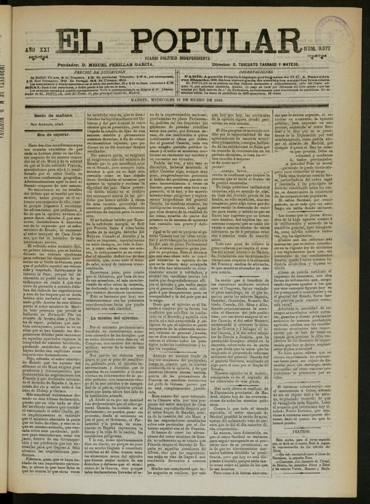 Miniatura de El Popular: diario independiente, político, literario y de noticias de interés general del 16 de enero de 1889, nº 9372
