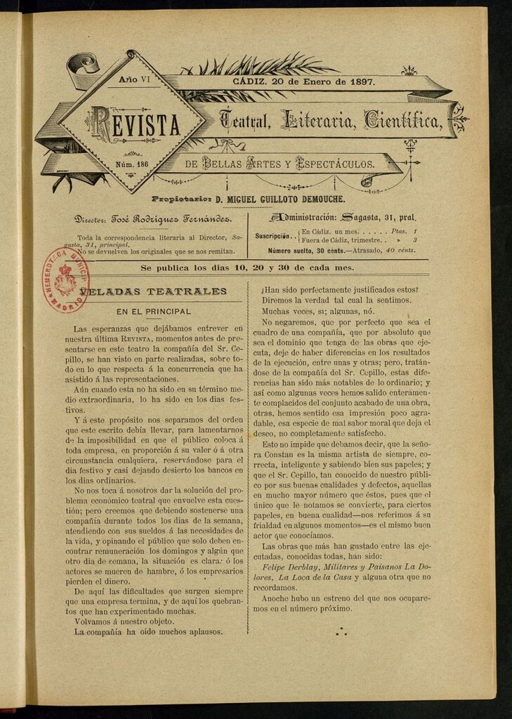 Miniatura de Revista Teatral, Literaria, Científica, de Bellas Artes y Espectáculos. Nº 186