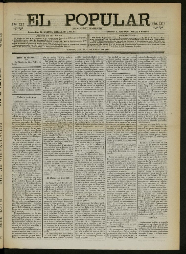Miniatura de El Popular: diario independiente, político, literario y de noticias de interés general del 17 de enero de 1889, nº 9373