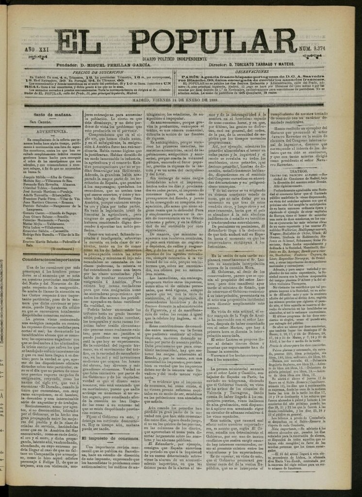 Miniatura de El Popular: diario independiente, político, literario y de noticias de interés general del 18 de enero de 1889, nº 9374