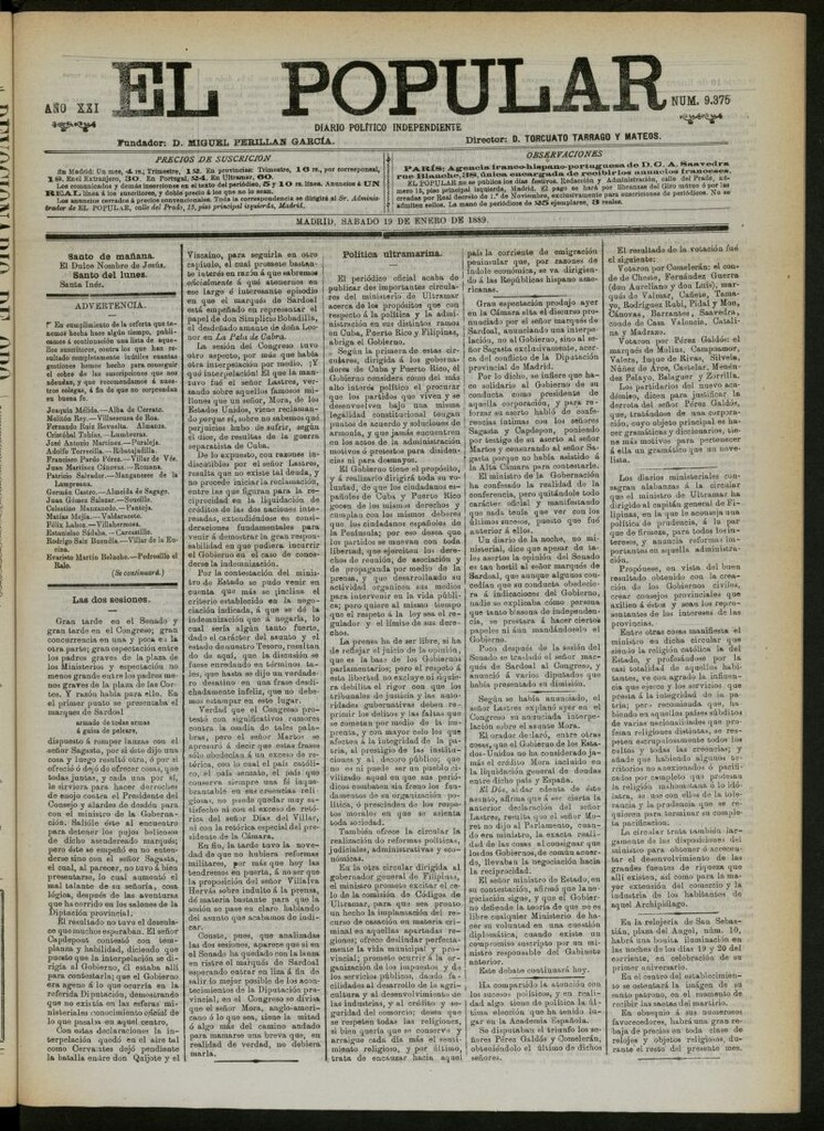 Miniatura de El Popular: diario independiente, político, literario y de noticias de interés general del 19 de enero de 1889, nº 9375