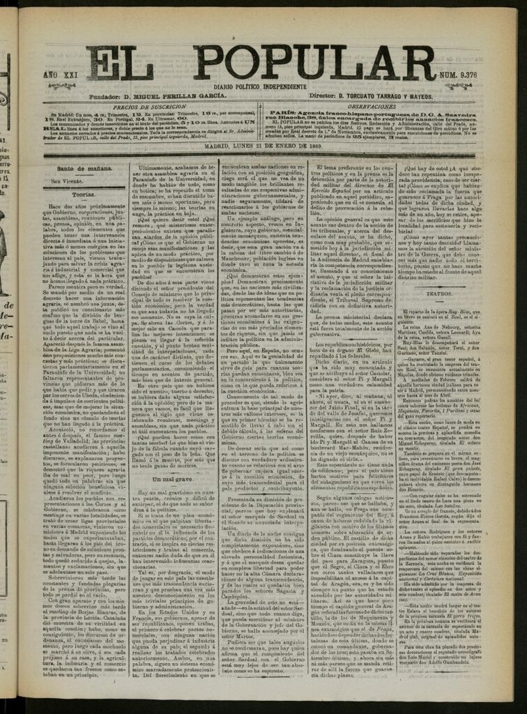 Miniatura de El Popular: diario independiente, político, literario y de noticias de interés general del 21 de enero de 1889, nº 9376