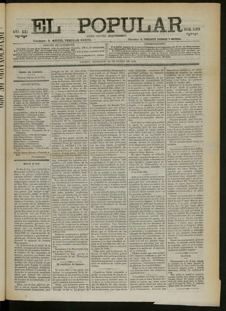 Miniatura de El Popular: diario independiente, político, literario y de noticias de interés general del 23 de enero de 1889, nº 9378