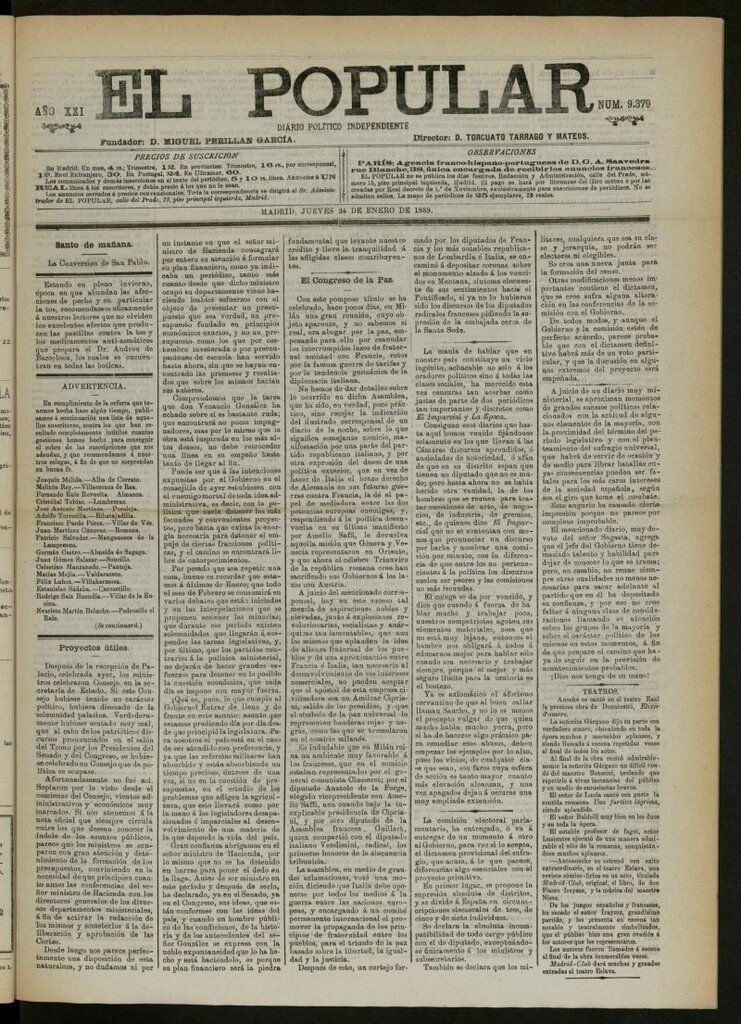 Miniatura de El Popular: diario independiente, político, literario y de noticias de interés general del 24 de enero de 1889, nº 9379