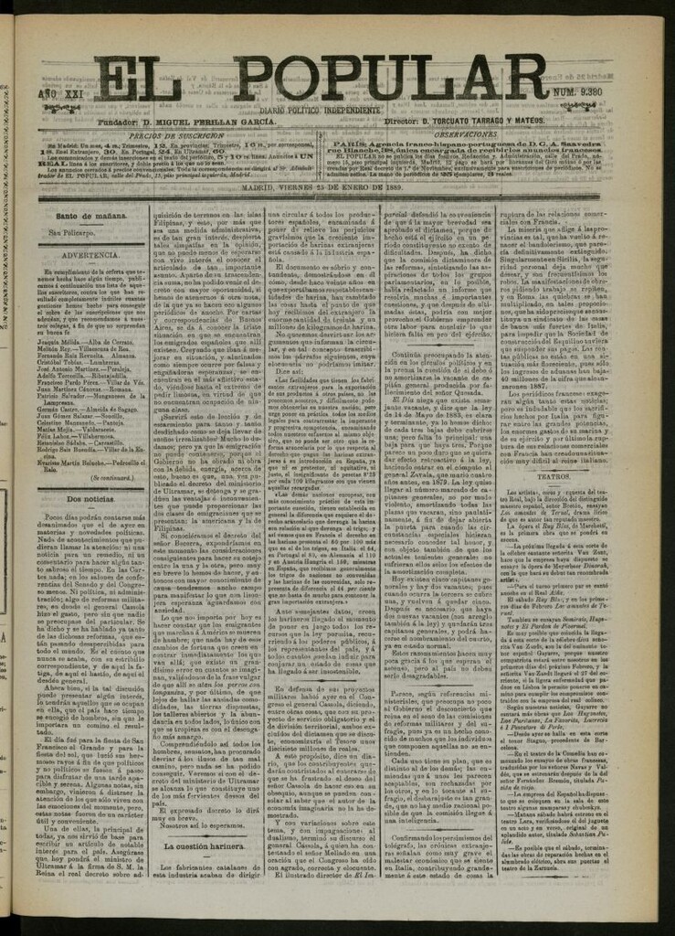 Miniatura de El Popular: diario independiente, político, literario y de noticias de interés general del 25 de enero de 1889, nº 9380