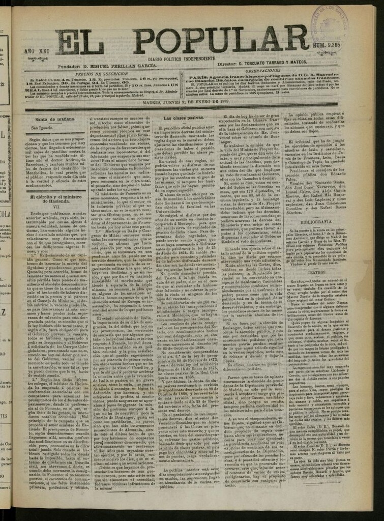 Miniatura de El Popular: diario independiente, político, literario y de noticias de interés general del 31 de enero de 1889, nº 9385