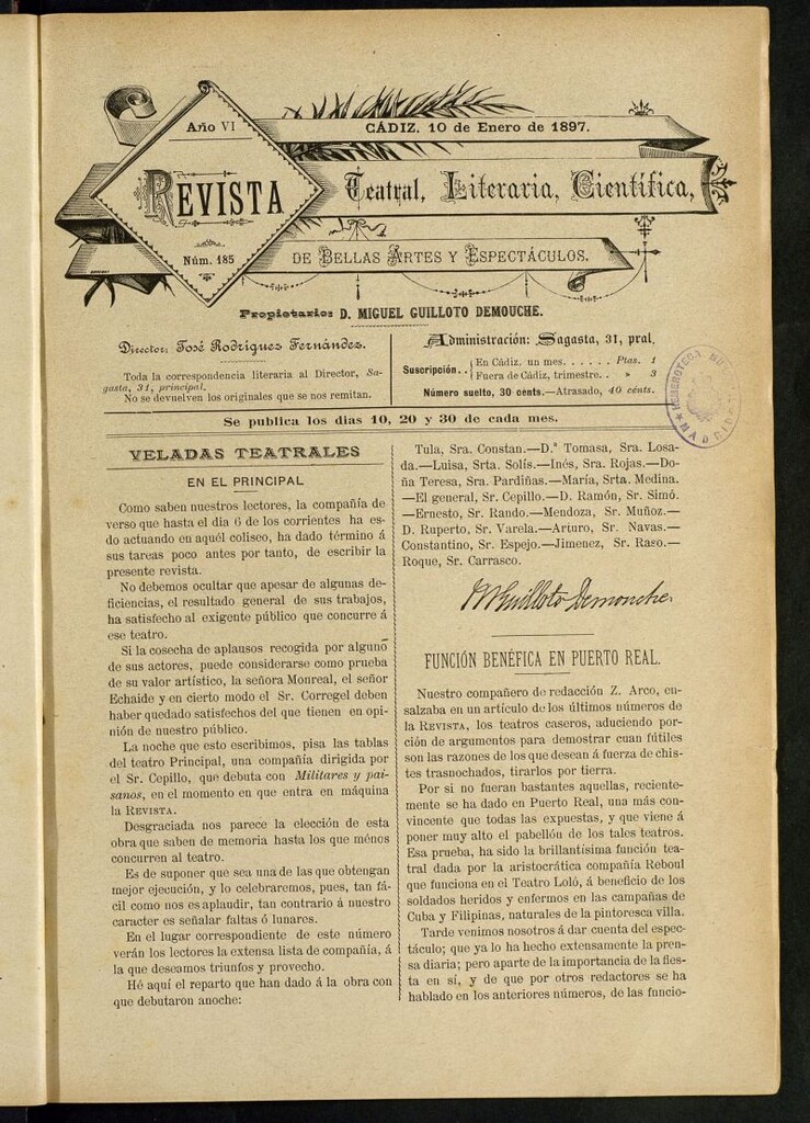 Miniatura de Revista Teatral, Literaria, Científica, de Bellas Artes y Espectáculos. Nº 185