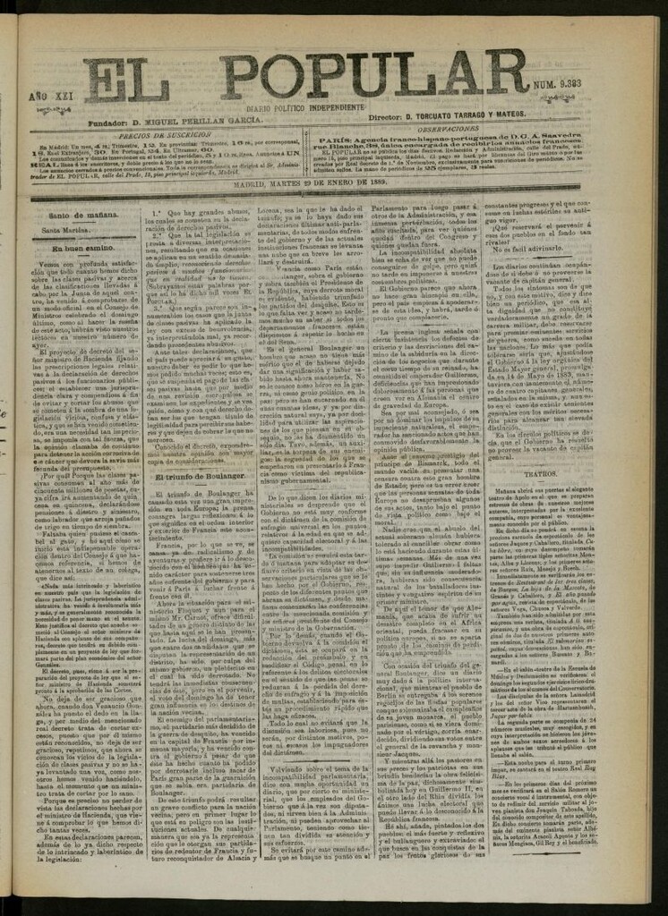 Miniatura de El Popular: diario independiente, político, literario y de noticias de interés general del 29 de enero de 1889, nº 9383