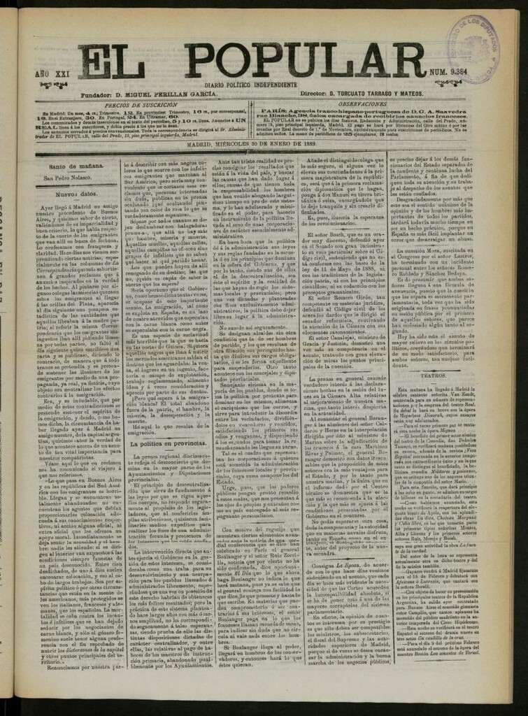 Miniatura de El Popular: diario independiente, político, literario y de noticias de interés general del 30 de enero de 1889, nº 9384