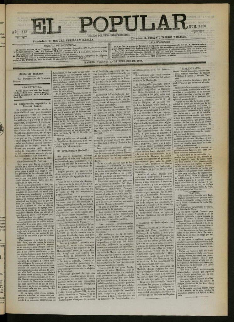 Miniatura de El Popular: diario independiente, político, literario y de noticias de interés general del 1 de febrero de 1889, nº 9386