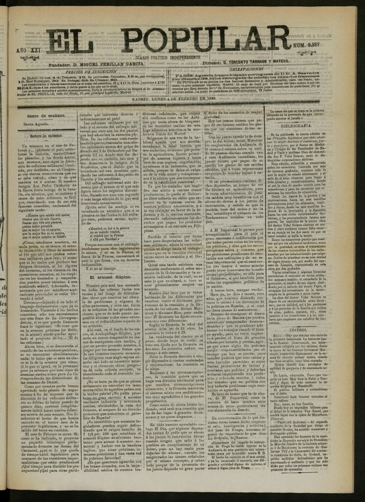 Miniatura de El Popular: diario independiente, político, literario y de noticias de interés general del 4 de febrero de 1889, nº 9387